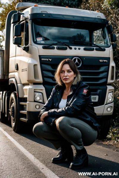 French woman, jacket pants, squatting in underbrush behind trucks next to fishmarket - ai-porn.ai - France on pornintellect.com