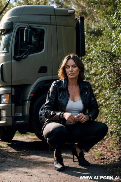 French woman, jacket pants, squatting in underbrush t behind trucks, - ai-porn.ai - France on pornintellect.com