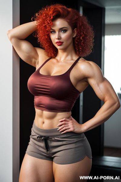 Woman woman, tight shirt, shorts, nordic, seductive smirk, muscles, flexing biceps, hands on head - ai-porn.ai on pornintellect.com