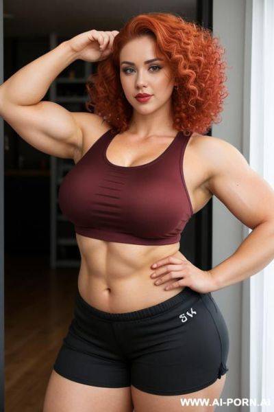 Woman woman, tight shirt, shorts, nordic, seductive smirk, muscles, flexing biceps, hands on head, chubby, thick - ai-porn.ai on pornintellect.com