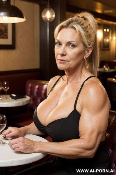 Bigger arms, photo of a strong woman curvy, whole body, mature cougar, grandmother, gilf, ponytail, looking at the camera, blonde, very hairy pussy, dense blonde pubic hair, stronger arms, stronger - ai-porn.ai on pornintellect.com
