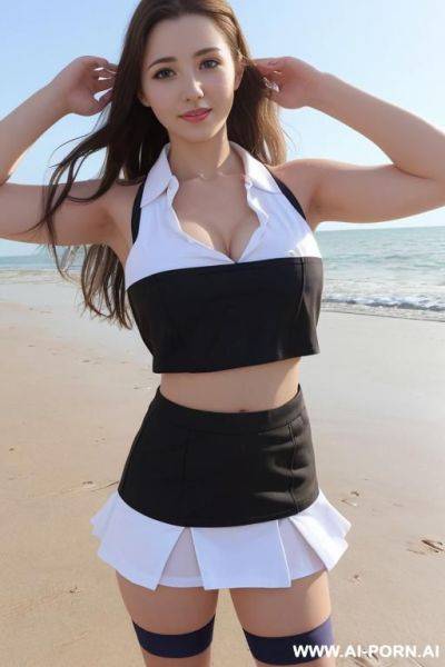 Cheerleader skirt,, half opened crop top ,show nipples through clothes, tits size 2. full body view, no bra, show tits, white stockings - ai-porn.ai on pornintellect.com