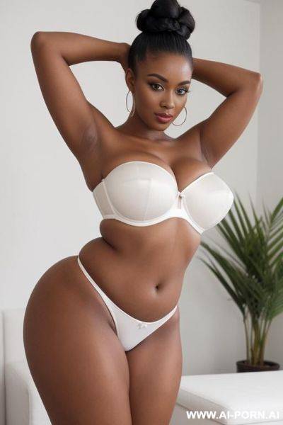 Ebony babe with big ass, arms up, hands behind head, white strapless satin bra, white satin thong panties, pawg - ai-porn.ai on pornintellect.com