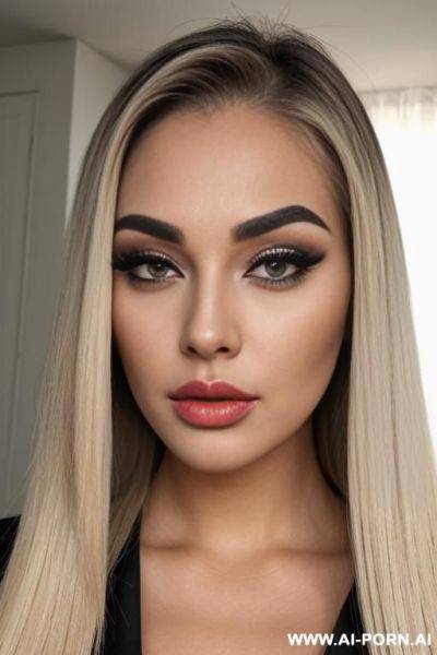 Pouting lips, blonde straight hair, chubby rectangle shape face, dark eye shw and eyebrows - ai-porn.ai on pornintellect.com