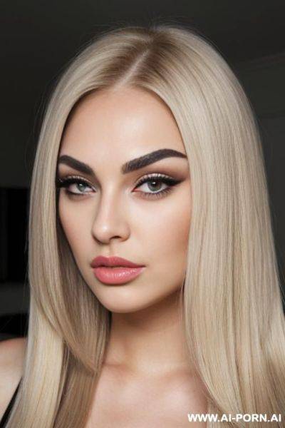 Pouting lips, blonde straight hair, chubby rectanglar face, square jaw, dark eye shw and eyebrows. long nose. straight eyebrows - ai-porn.ai on pornintellect.com