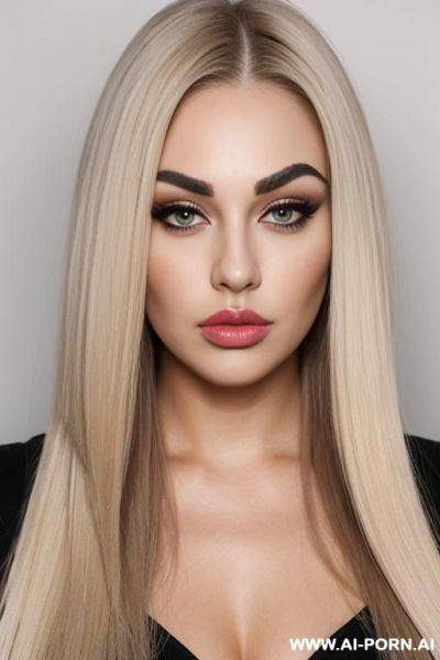 Pouting lips, blonde straight hair, chubby rectangle shape face, long face, square jaw, dark eye shw and eyebrows. long nose. straight eyebrows - ai-porn.ai on pornintellect.com