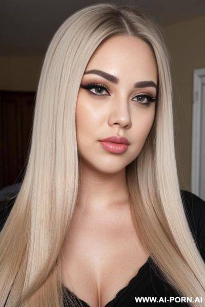 Face view only. kissing pouting lips, blonde straight hair, chubby rectanglar face, dark eye shw and horizontal straight eyebrows. long, nose. big eyelashes. face angled up. massive chin. huge wide - ai-porn.ai on pornintellect.com