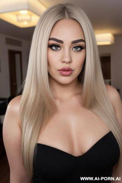Face view only. kissing lips, blonde straight hair, chubby rectanglar face, square jaw, dark eye shw and eyebrows. long nose. big eyelashes. straight, eyebrows. looking up . ((square jaw)) blowing - ai-porn.ai on pornintellect.com