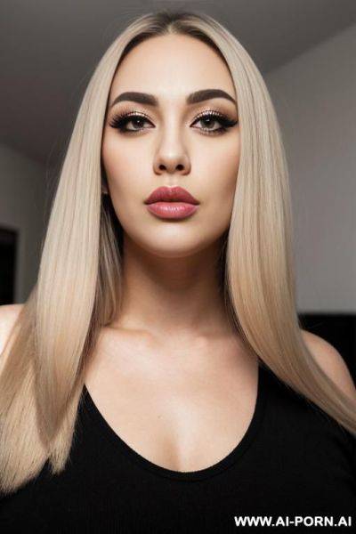 Face view only. pouting lips, blonde straight hair, chubby rectanglar face, square jaw, dark eye shw and eyebrows. long nose. big eyelashes. straight, eyebrows. looking up . ((square jaw)) blowing - ai-porn.ai on pornintellect.com