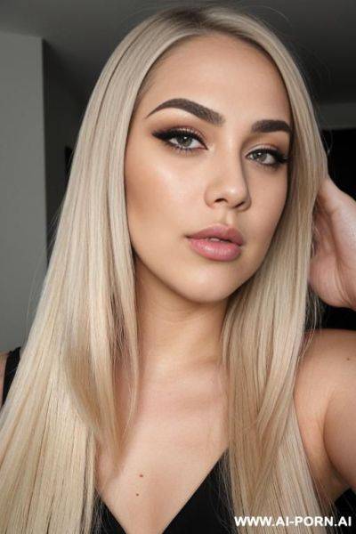 Face view only. kissing lips, blonde straight hair, chubby rectanglar face, square jaw, dark eye shw and eyebrows. long nose. big eyelashes. straight, eyebrows. looking straight at the camera. - ai-porn.ai on pornintellect.com