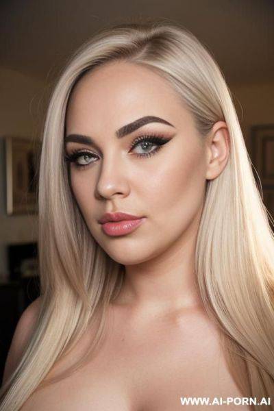 Face view only. looking straight into the camera. kissing pouting lips, blonde straight hair, chubby rectanglar face, dark eye shw and horizontal straight eyebrows. flirting. long, nose. big - ai-porn.ai on pornintellect.com