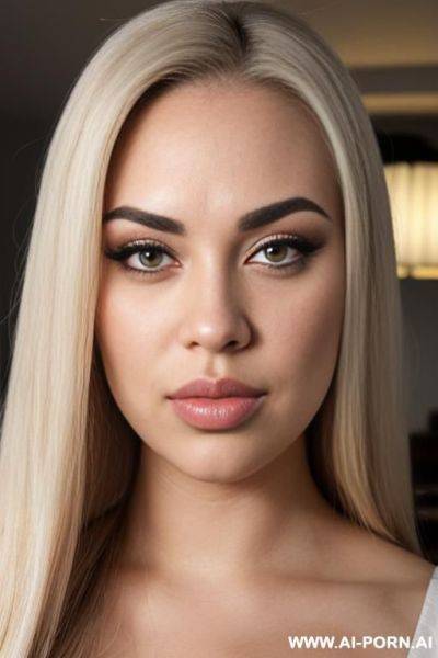 Face view only. front view. kissing lips, blonde straight hair, chubby rectanglar face, dark eye shw and eyebrows. long, ended pointy nose. big eyelashes. straight, eyebrows. looking straight down - ai-porn.ai on pornintellect.com