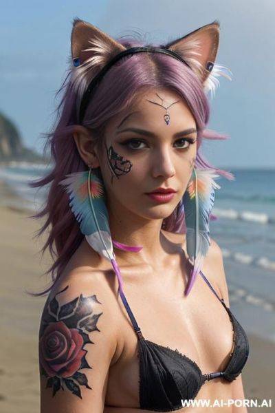 Face, sexy, beautiful, ((face painting)), ((bikini as seashell)), ((tattoo roses)), ((eyes shw)), ((angel wings)), ((rainbow hair)), ((long bu hair)), ((wind)), (( cat face)), (( cat ears)), (((feather - ai-porn.ai on pornintellect.com