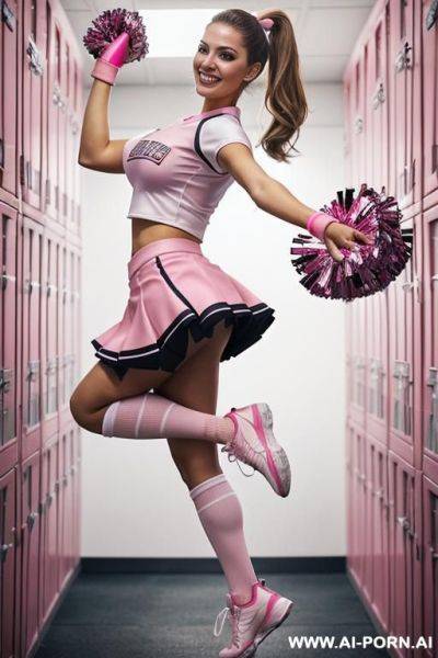 Inside a locker room, athletic blonde, cheerleader, toned thighs, toned ass, toned abs, curvy, white sneakers, knee high socks, standing gystyle fuck, round face, ass fuck, running makeup, ruined makeup, smudged eyeliner, - ai-porn.ai on pornintellect.com