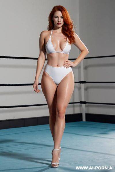 Woman in two-piece white swimsuit, round boobs, wet body, open legs, high heels, - ai-porn.ai on pornintellect.com