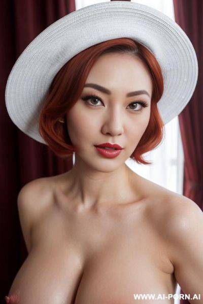 (pallid white skin), (closeup portrait), pin-up style , (ultra detailed), looking into camera, curtains background, (bright pallid body), (floral derby hat), (dyed hair), (short compact hair), pin-up - ai-porn.ai on pornintellect.com