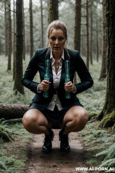 Woman squatting in forest, blazer, skirt, shirt, cunt, dripping fluid onto ground - ai-porn.ai on pornintellect.com