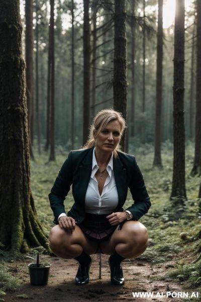 Woman squatting in forest, dripping pee into ground, blazer, skirt, shirt, - ai-porn.ai on pornintellect.com