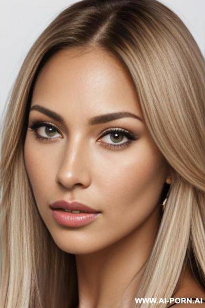 Portrait of an attractive and sexy woman, american, light brown skin, facing camera, blond hair, big luscious lips, button nose, full face and hair, white background, 2, brown colored eyes, light makeup, perfect skin, studio lighting, photorealistic, k - ai-porn.ai - Usa on pornintellect.com