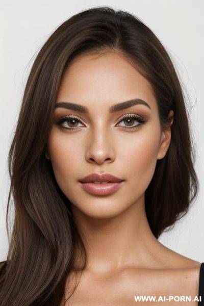 Portrait of a sexy attractive women, latina, light brown skin, facing camera, brown hair, luscious big lips, button nose, entire face and hair, white background, 2, olive color eyes, light makeup, perfect skin, studio lighting, photorealistic, 4k - ai-porn.ai on pornintellect.com