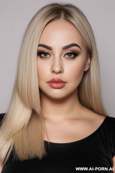 Pouting lips, blonde straight hair, chubby rectangle shape face, dark eye shw and eyebrows - ai-porn.ai on pornintellect.com
