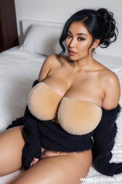 Kawaii, highest thigh fuzzy stripped socks, long knitted gloves, big fuzzy scarf, big fluffy fuzzy crop top , very hairy pussy, fluffy crop top cover top, ((huge meaty inflated pussy)), spreading pussy - ai-porn.ai on pornintellect.com