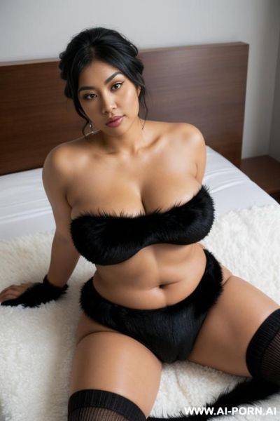 Kawaii, ((highest thigh fuzzy stripped socks)), long knitted gloves, (big fuzzy scarf), big fluffy fuzzy crop top , very hairy pussy, fluffy crop top cover top, ((huge meaty inflated pussy)), spreading pussy, spreading legs, fuzzy ankle cuffs - ai-porn.ai on pornintellect.com