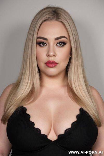 Face shot only. pouting lips, blonde straight hair, chubby rectanglar face, square jaw, dark eye shw and eyebrows. long nose. big eyelashes. straight eyebrows. looking straight at the camera. - ai-porn.ai on pornintellect.com