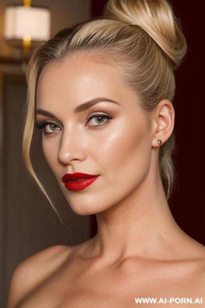 Blonde, milf, big lips, red lipstick, naked, hair bun, full body - ai-porn.ai on pornintellect.com
