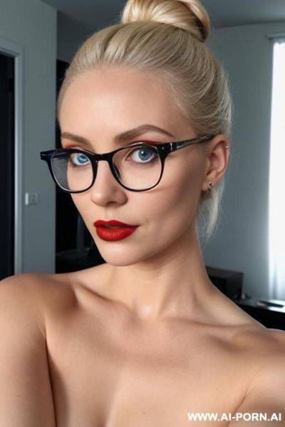 Blonde, red lipstick, naked, hair bun, blue eyes, glasses - ai-porn.ai on pornintellect.com