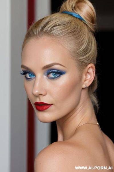 Blonde, red lipstick, naked, hair bun, blue eyes - ai-porn.ai on pornintellect.com