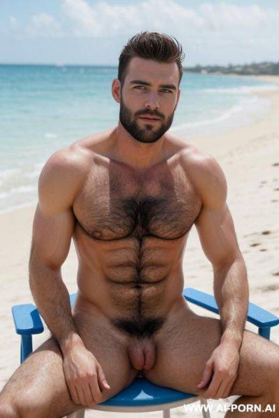 Generate an image of a adult man with very hairy torso in the beach showing hairy armpits and hé must have briefs - ai-porn.ai on pornintellect.com