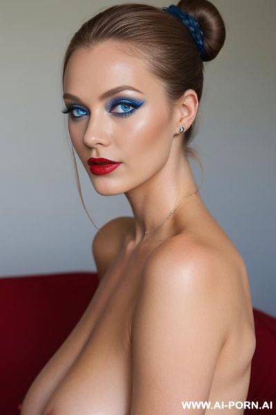 Dark blonde, red lipstick, naked, hair bun, blue eyes, - ai-porn.ai on pornintellect.com