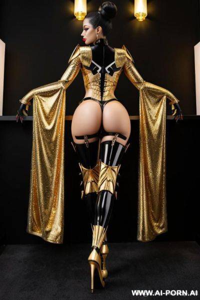 Robot (((transformer))) android ((stripper)) black and gold metal skin hair buns heels - ai-porn.ai on pornintellect.com
