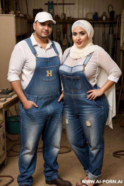 Curvy egyptian white chubby wife topless wearing hijab and overalls standing with man in workshop - ai-porn.ai - Egypt on pornintellect.com