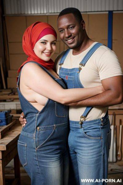 Smiling curvy russian brunette chubby wife topless wearing hijab and overalls hugged from african man in workshop - ai-porn.ai - Russia on pornintellect.com