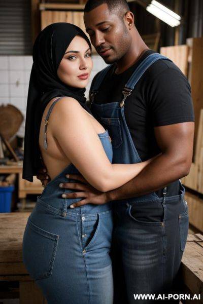 Curvy russian brunette chubby wife topless wearing hijab and overalls hugged from dark black man in workshop - ai-porn.ai - Russia on pornintellect.com