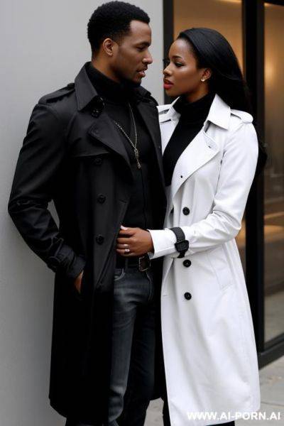 A woman, dressed in a trenchcoat is having sex with a black guy - ai-porn.ai on pornintellect.com