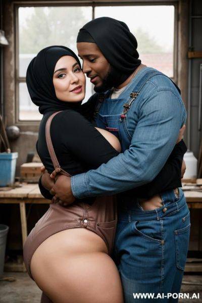 Happy curvy russian brunette chubby wife fully naked wearing hijab hugged from dark black man wearing overalls in workshop - ai-porn.ai - Russia on pornintellect.com