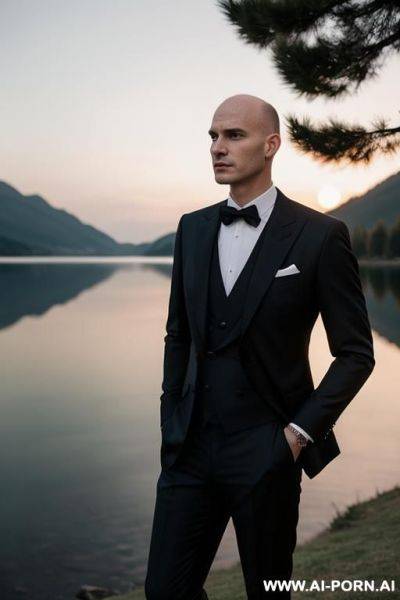 One man in elegant outfit, no beard, nearly bald, near a lake, evening, torchlight, elegant suit - ai-porn.ai on pornintellect.com