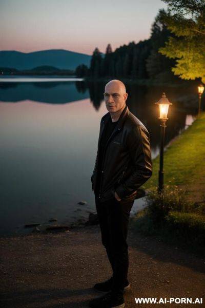 One man in casual outfit, no beard, nearly bald, near a lake, evening, torchlight - ai-porn.ai on pornintellect.com
