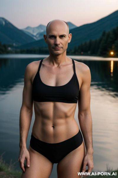 One man in casual outfit, no beard, nearly bald, near a lake, evening, flash light photo - ai-porn.ai on pornintellect.com