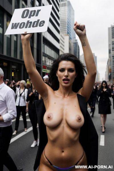 Topmodel women protesting, topless, hands up, carrying a picture of a topless woman, lgbt - ai-porn.ai on pornintellect.com