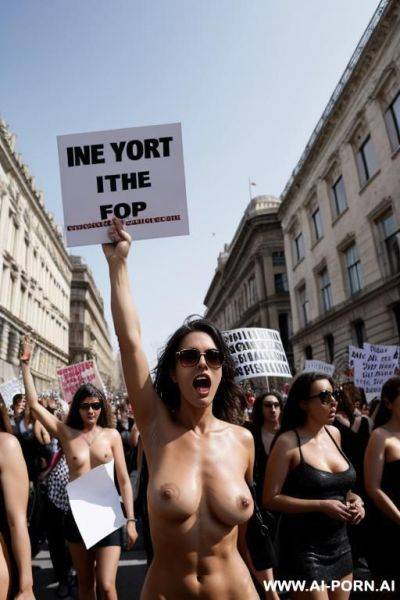 Women protesting, topless, hands up, carrying a picture of a topless woman, lgbt - ai-porn.ai on pornintellect.com