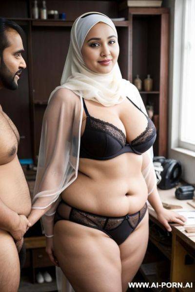 Happy curvy russian chubby milf wearing hijab and lingerie standing with indian man in workshop - ai-porn.ai - Russia - India on pornintellect.com