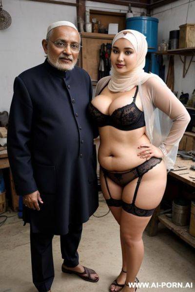 Curvy russian chubby milf wearing hijab and lingerie standing with old indian man in workshop - ai-porn.ai - Russia - India on pornintellect.com