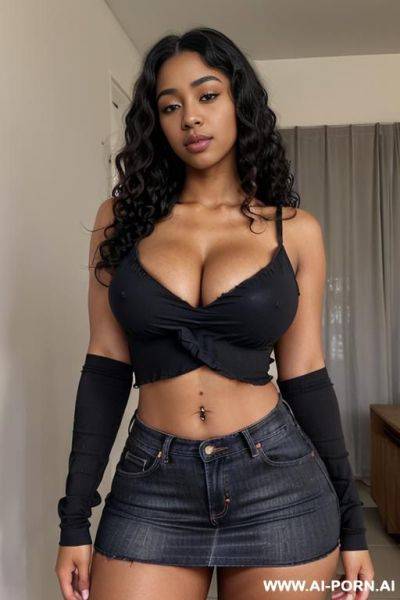 (20 years old) (black eyes) (large breasts) (large hips ( waist) (curly hair) (long curly hair) hard breasts, top , belly, jeans small skirt, glowing skin, sensual makeup, erotica pose, small neckline shirt - ai-porn.ai on pornintellect.com