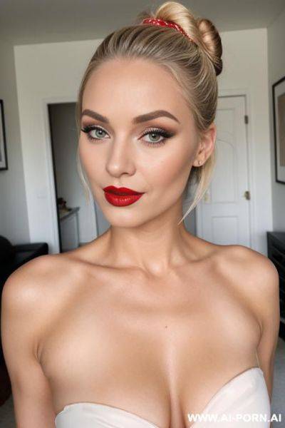 Blonde, milf, red lipstick, naked, hair bun, makeup, oval face - ai-porn.ai on pornintellect.com