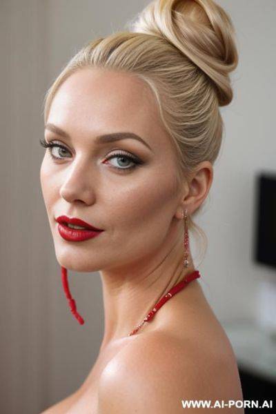 Blonde, milf, red lipstick, naked, hair bun, makeup - ai-porn.ai on pornintellect.com