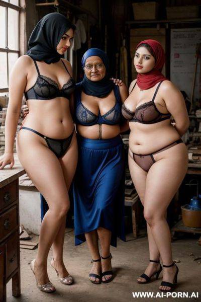 Two curvy russian brunette chubby lesbians wearing hijab and lingerie standing with indian old man in workshop - ai-porn.ai - Russia - India on pornintellect.com